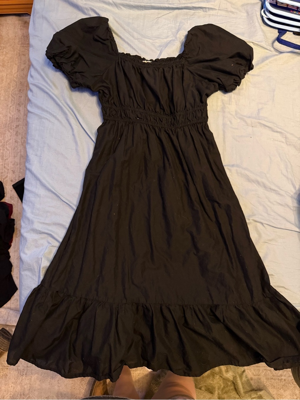 Smocked Waist Black Midi Dress with Puff Sleeves